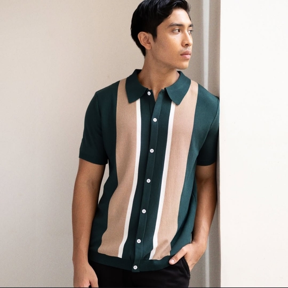 PREMIUM SHORT SLEEVE SLIM FIT KNIT POLO - GREEN/CREAM/WHITE, Mens Large - Picture 1 of 6